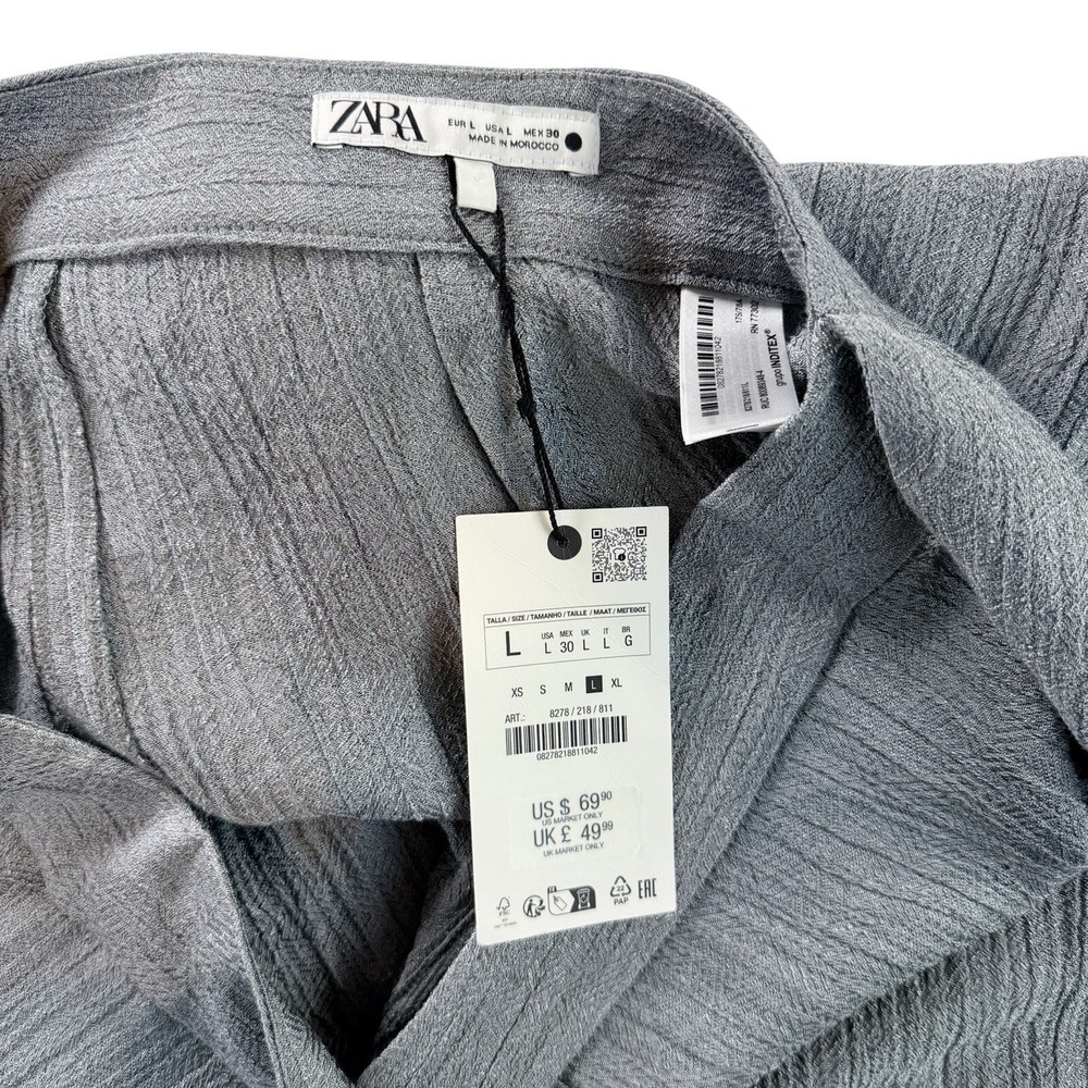 NWT ZARA Women Hi-Rise Wrap Belt Tie Waist Texture Wide Leg Crop Pants SZ L Gray - Picture 7 of 10